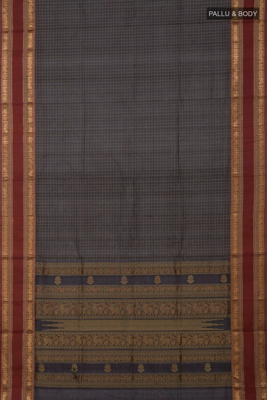 Flat view of Black Silk Cotton Saree with Checked design on the body and Zari Border. 