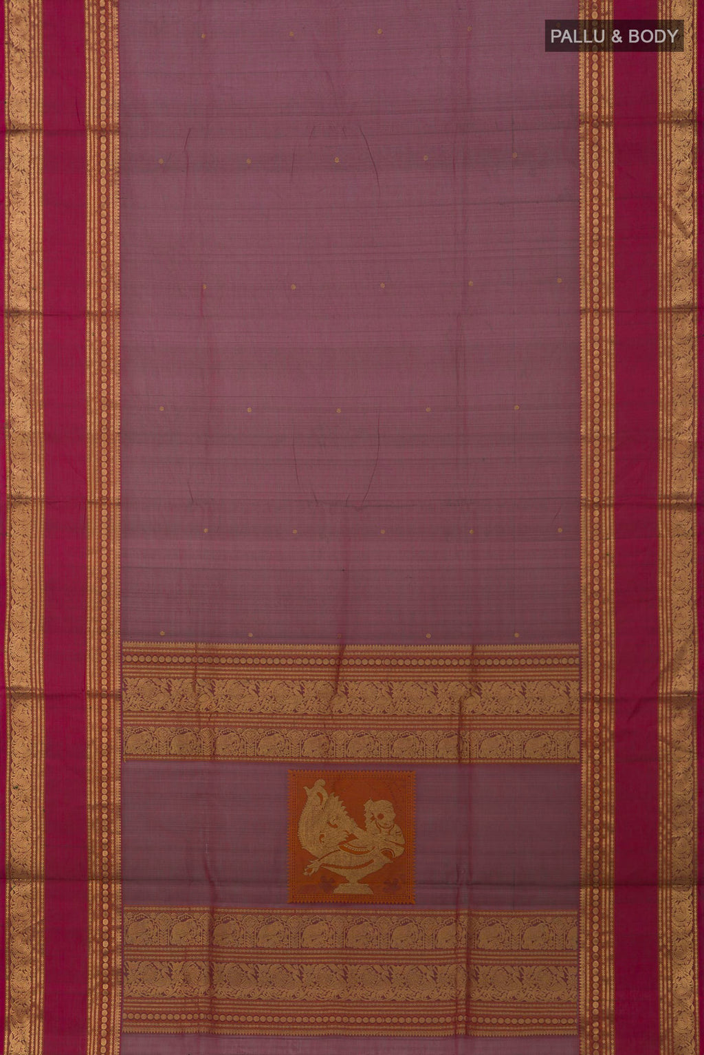 Flat view of Pink Dual Tone Silk Cotton Saree with Zari Butta on the body and Zari Border. 
