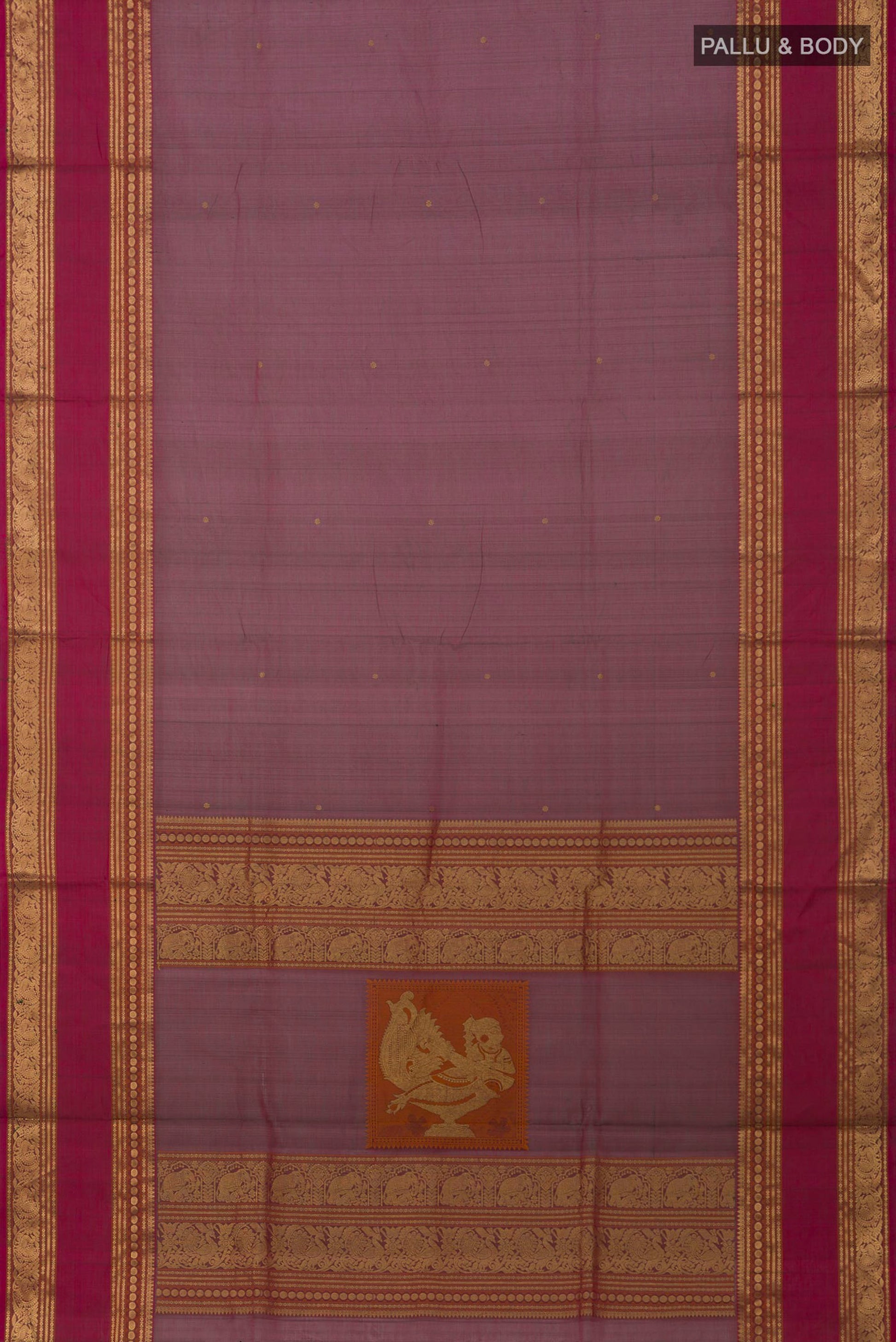 Flat view of Pink Dual Tone Silk Cotton Saree with Zari Butta on the body and Zari Border. 