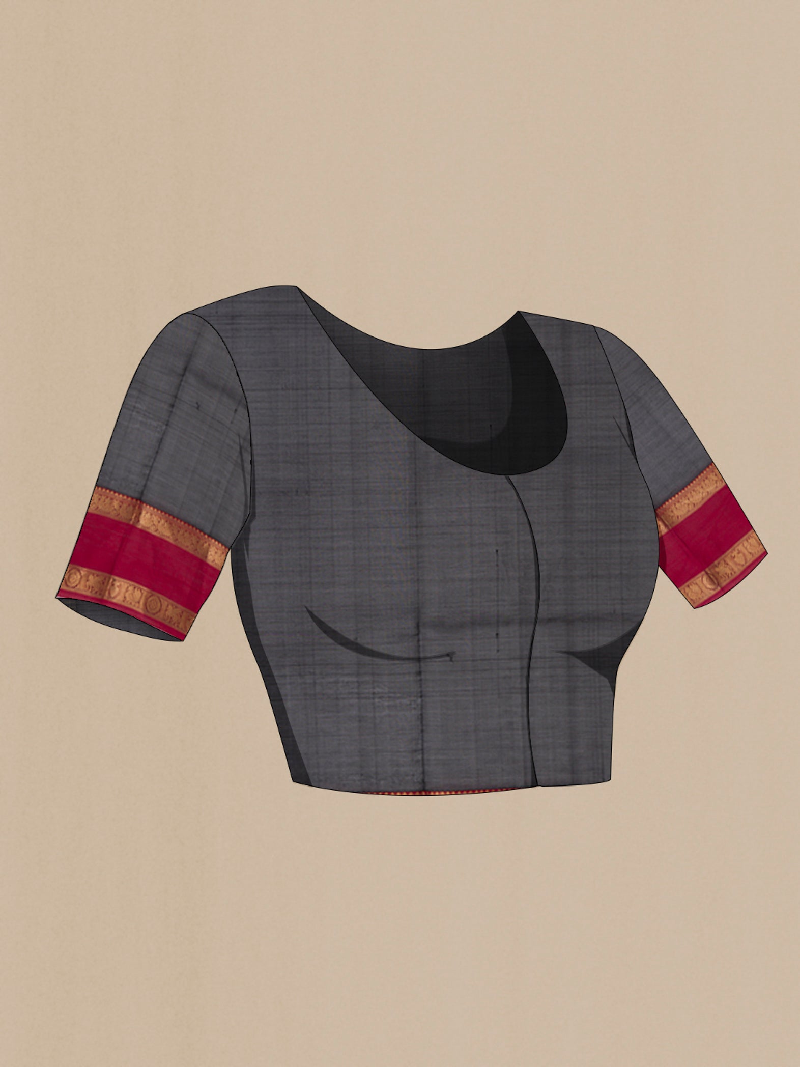Close up image of the blouse of Black Silk Cotton Saree with Checked design on the body and Zari Border. 
