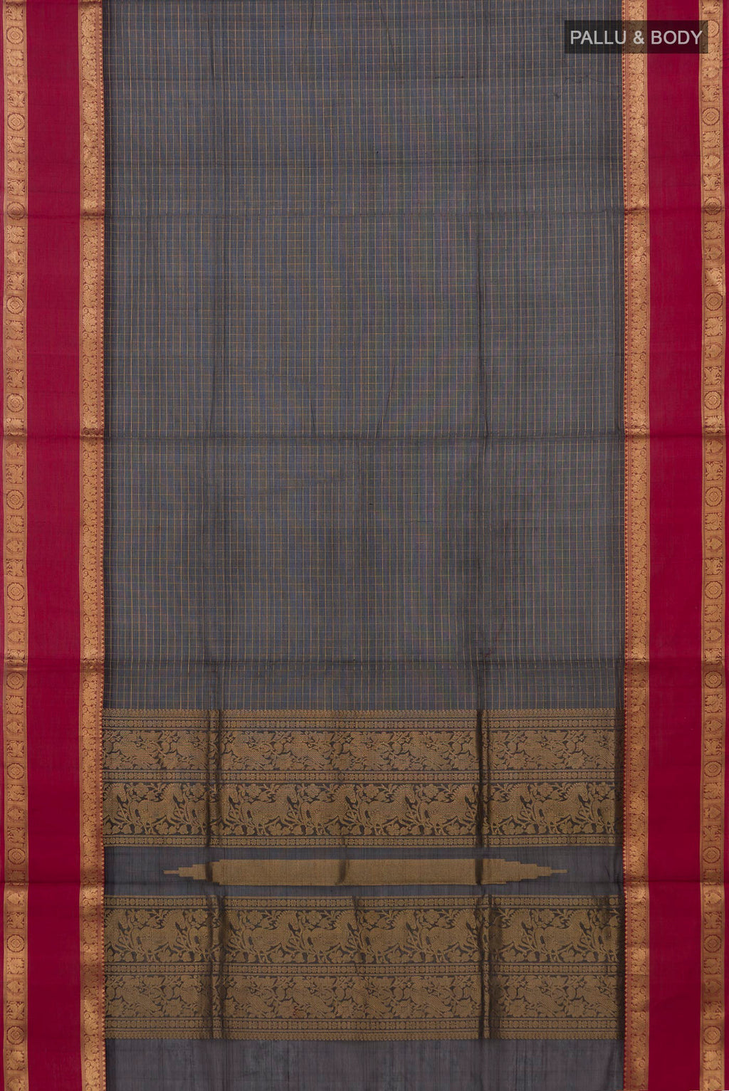 Flat view of Black Silk Cotton Saree with Checked design on the body and Zari Border. 