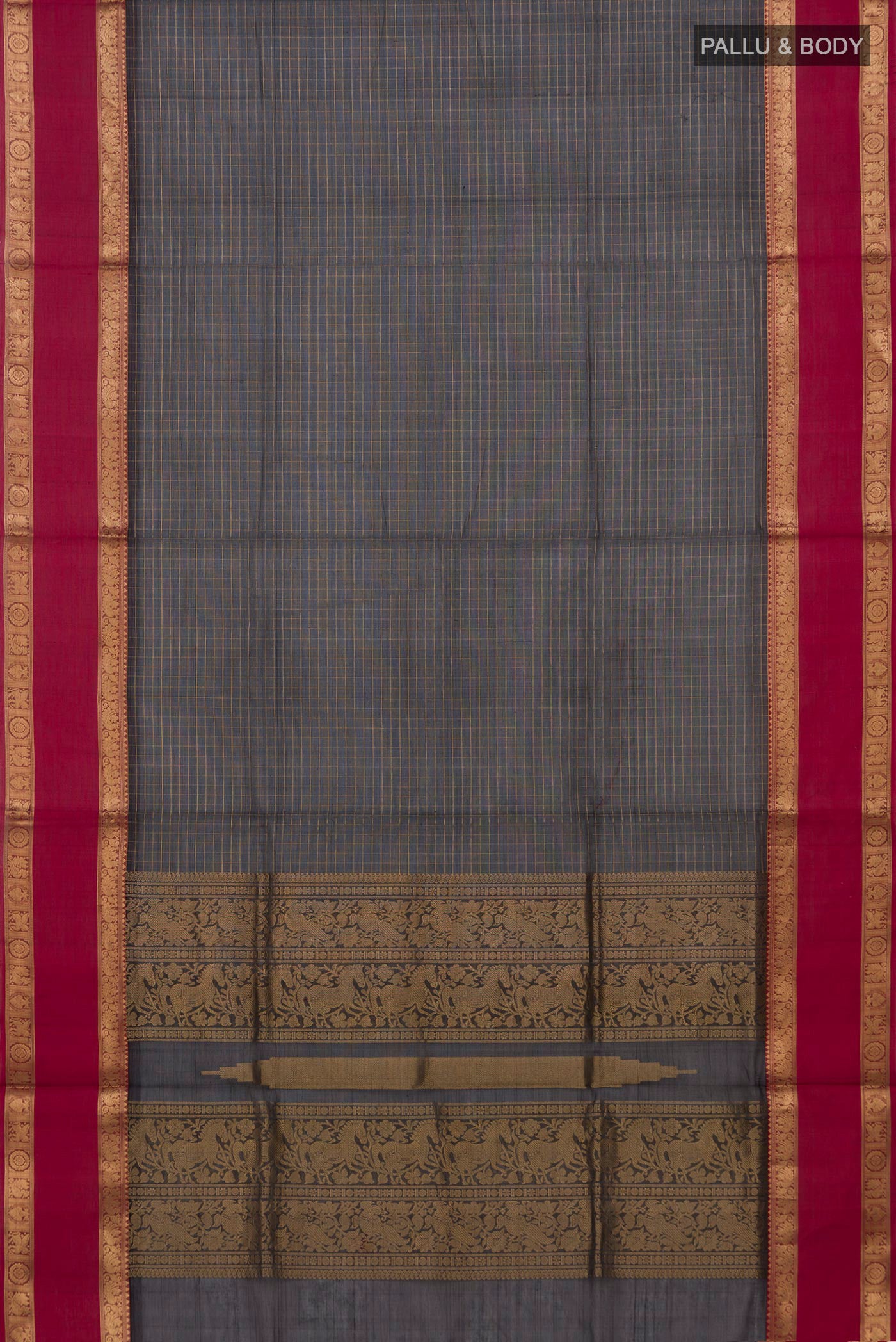 Flat view of Black Silk Cotton Saree with Checked design on the body and Zari Border. 