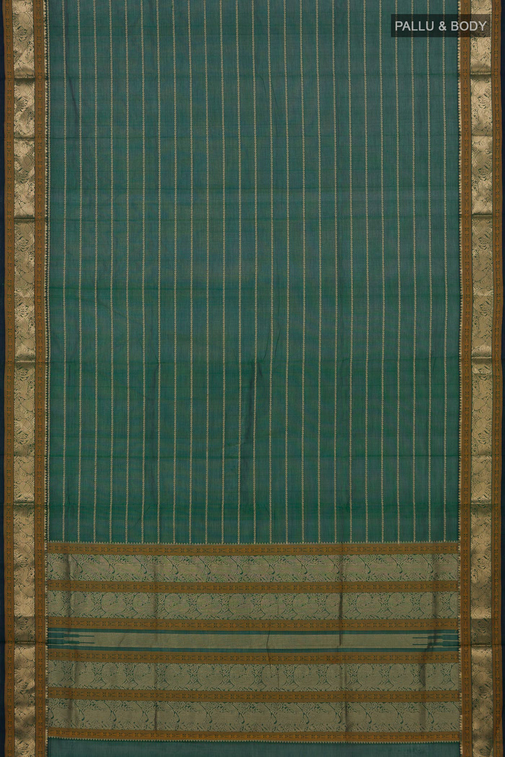 Flat view of Green Dual Tone Silk Cotton Saree with Veldhari on the body and Zari Border. 
