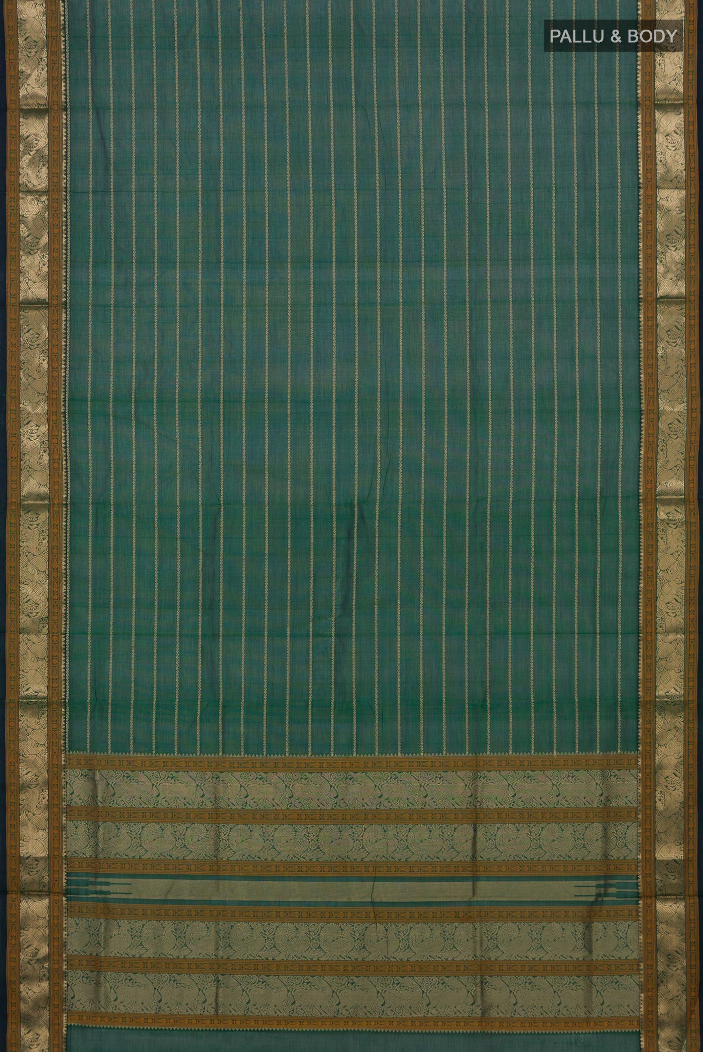 Flat view of Green Dual Tone Silk Cotton Saree with Veldhari on the body and Zari Border. 