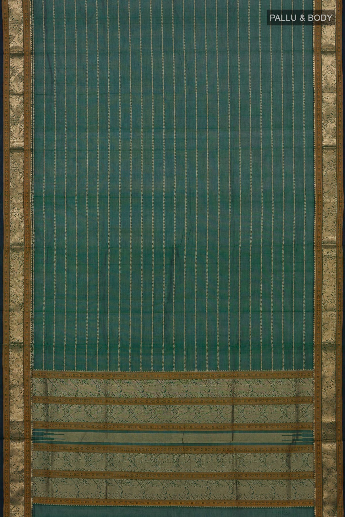 Flat view of Green Dual Tone Silk Cotton Saree with Veldhari on the body and Zari Border. 