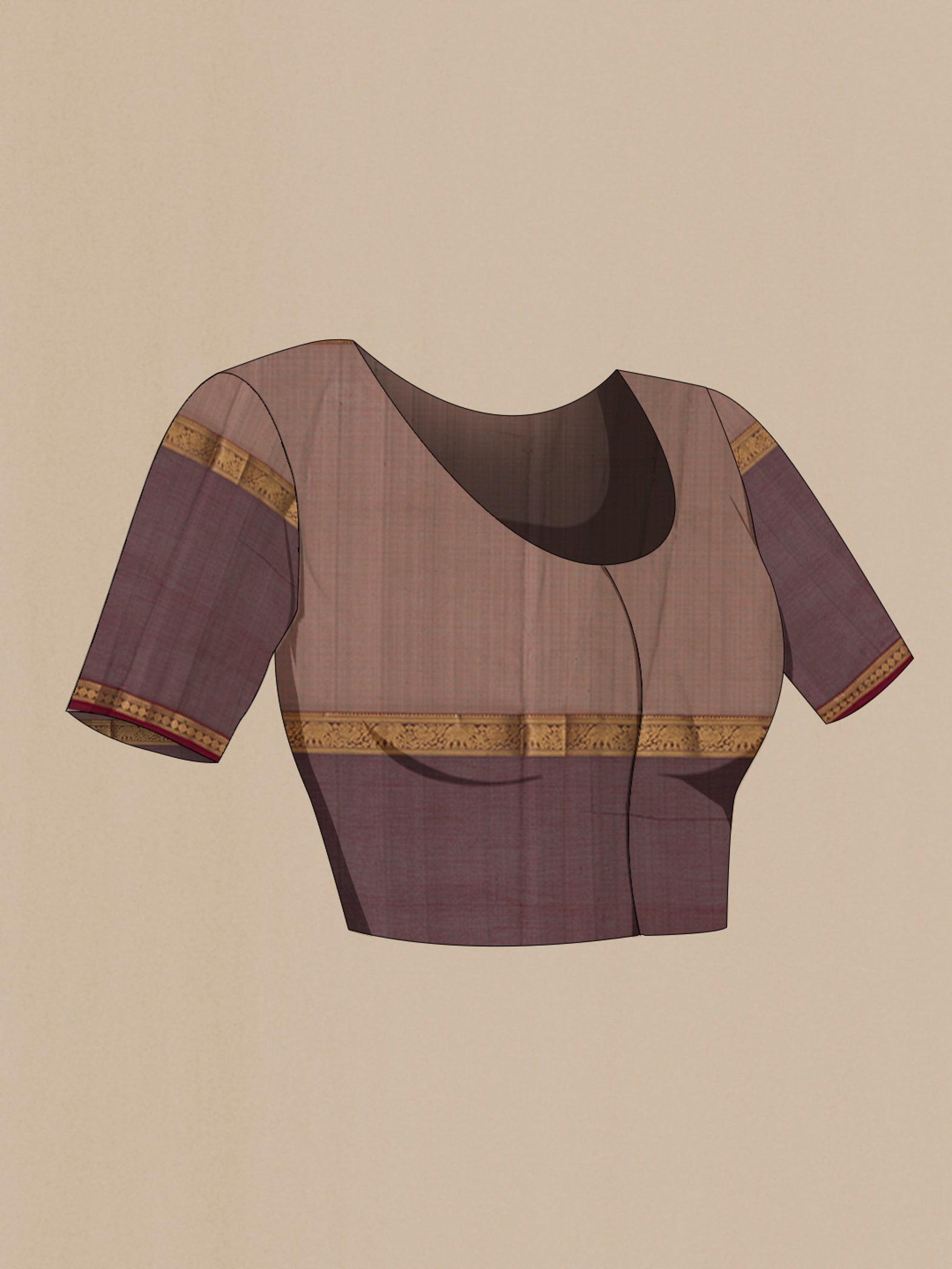 Close up image of the blouse of Brown Silk Cotton Saree with Checked design on the body and Zari Border. 