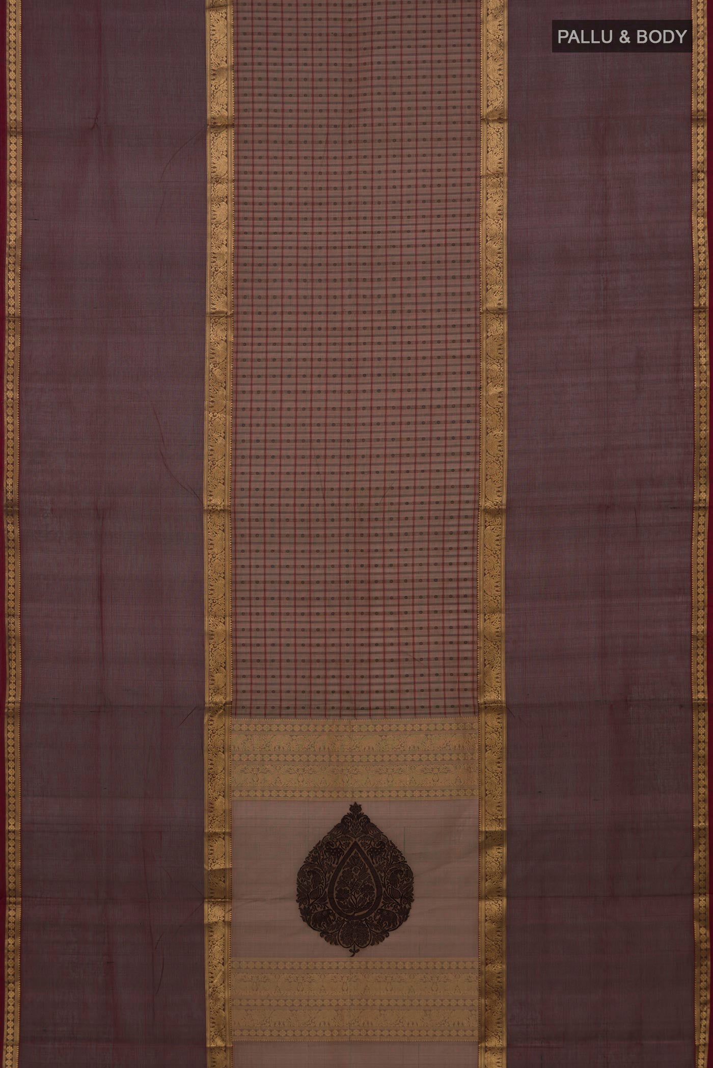 Flat view of Brown Silk Cotton Saree with Checked design on the body and Zari Border. 