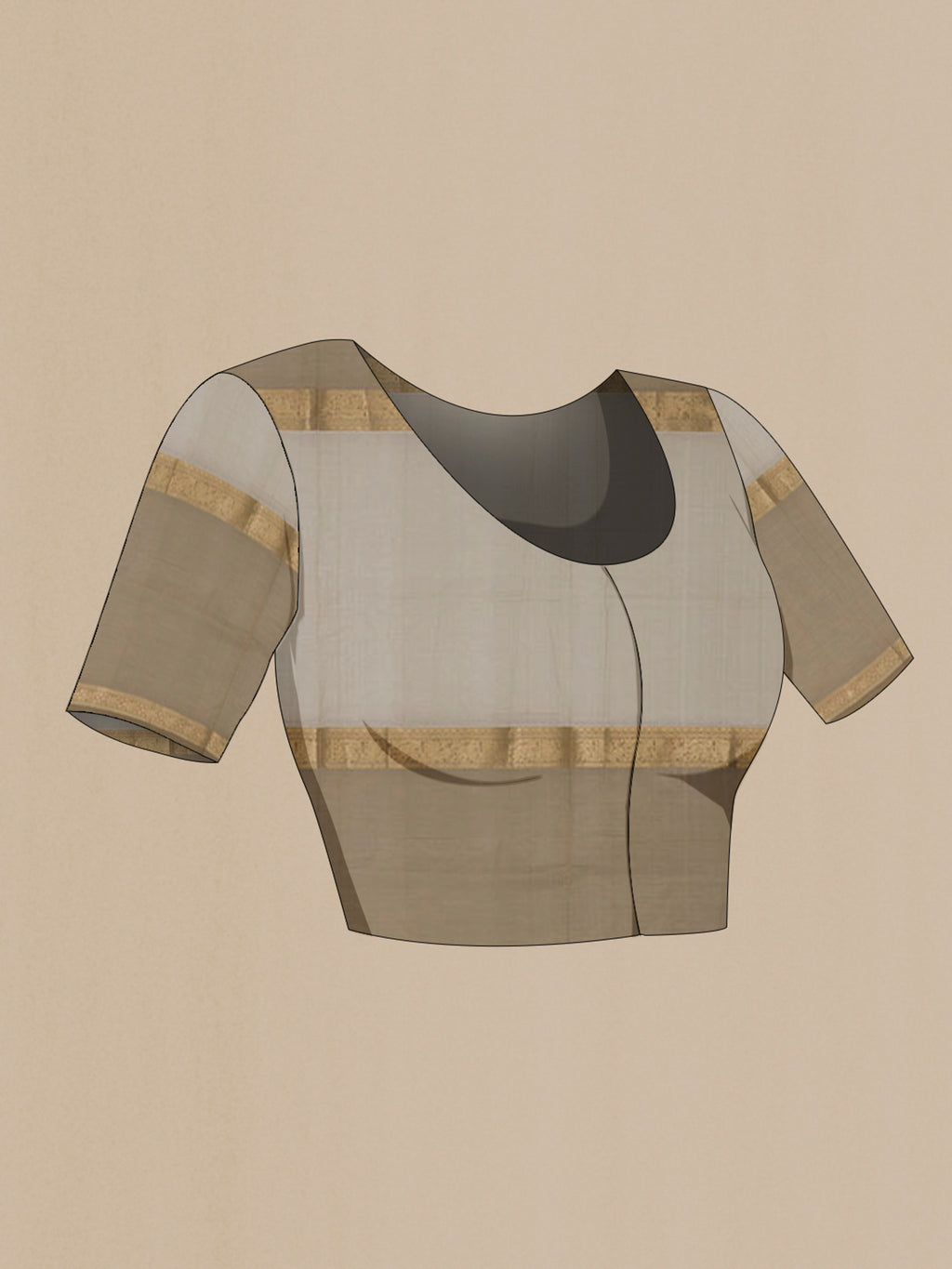 Close up image of the blouse of Cream Silk Cotton Saree with Checked design on the body and Zari Border. 