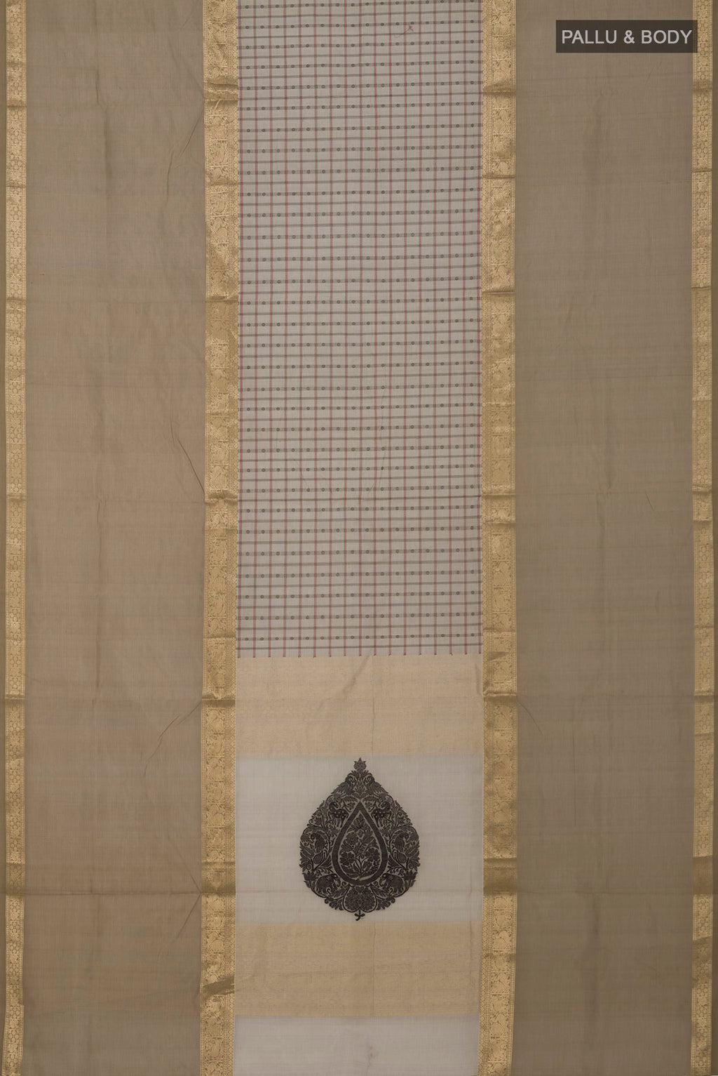 Flat view of Cream Silk Cotton Saree with Checked design on the body and Zari Border. 