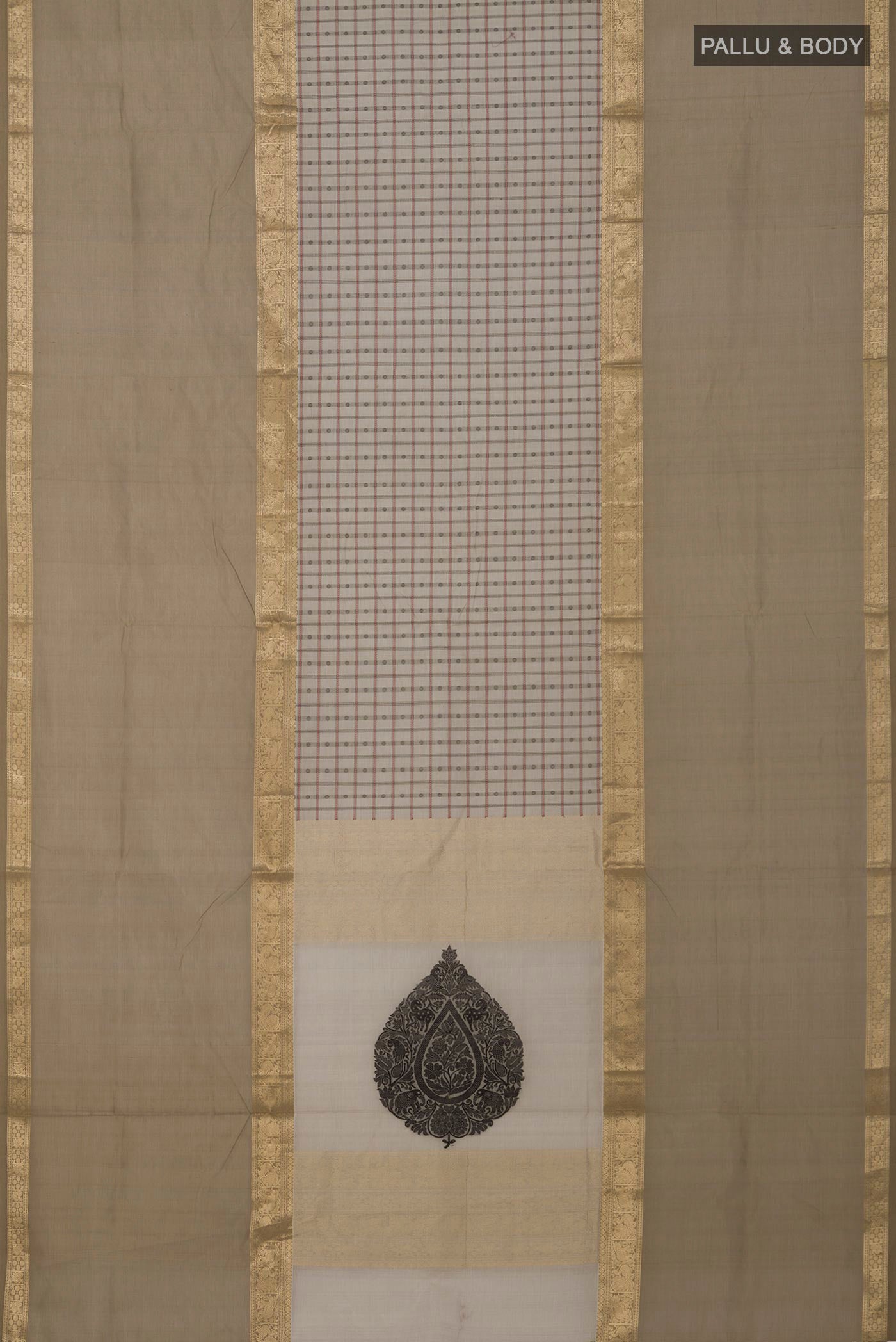 Flat view of Cream Silk Cotton Saree with Checked design on the body and Zari Border. 