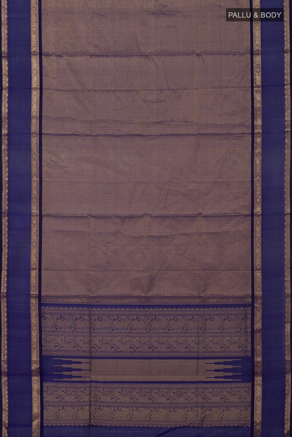 Flat view of Blue Silk Cotton Saree with Zari Brocade on the body and Zari Border. 