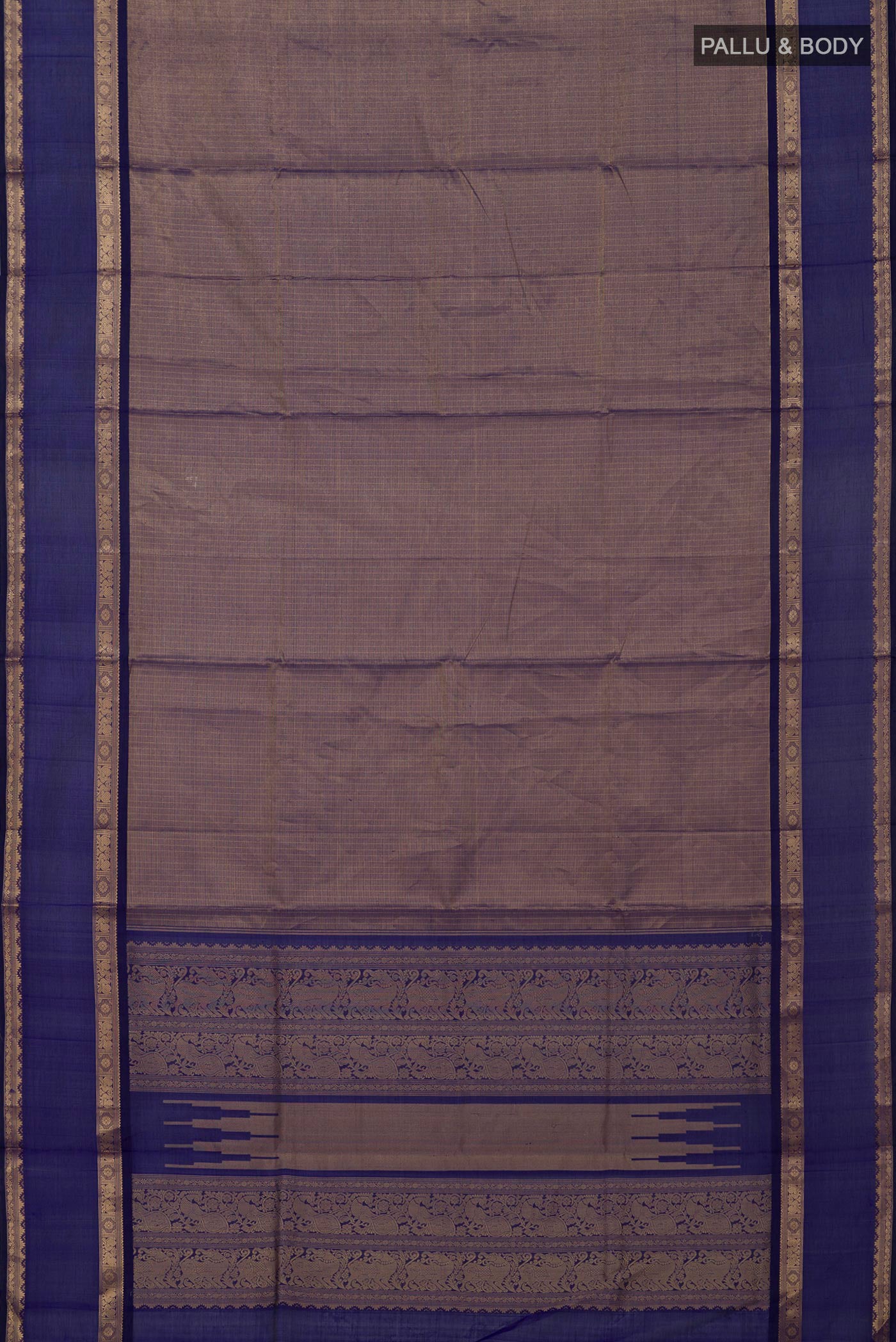 Flat view of Blue Silk Cotton Saree with Zari Brocade on the body and Zari Border. 