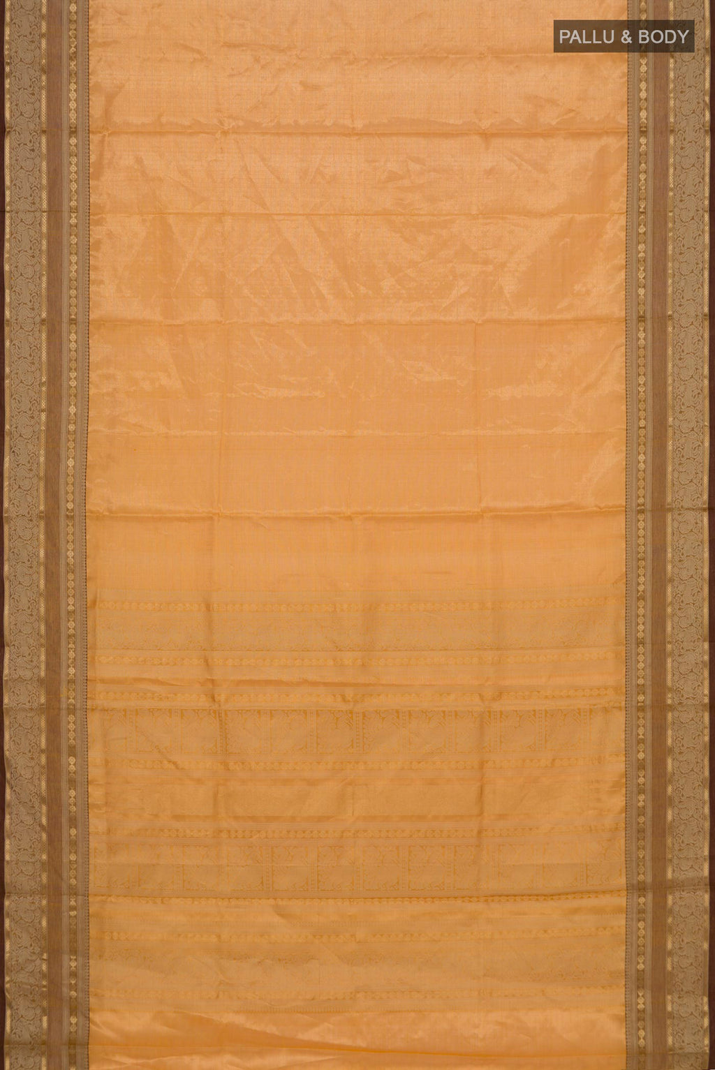 Flat view of Yellow Silk Cotton Saree with Stripes on the body and Zari Border. 