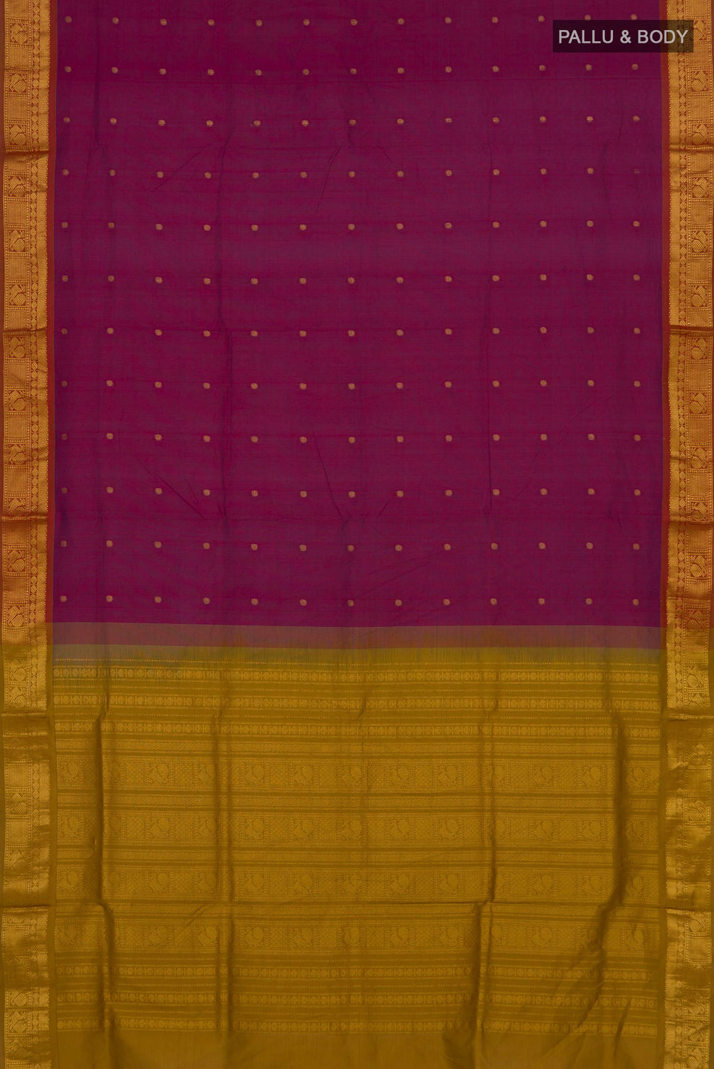 Flat view of Purple Blended Poly Cotton Saree with Zari Butta on the body and Zari Border. 