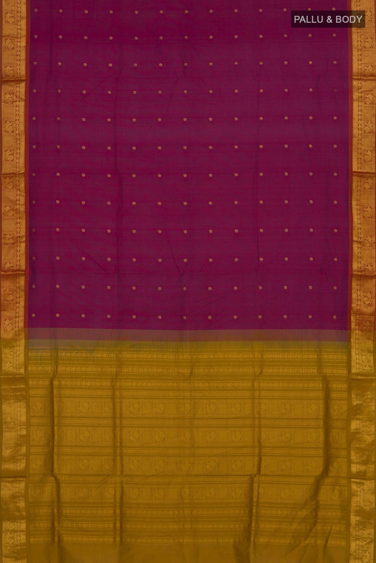 Flat view of Purple Blended Poly Cotton Saree with Zari Butta on the body and Zari Border. 