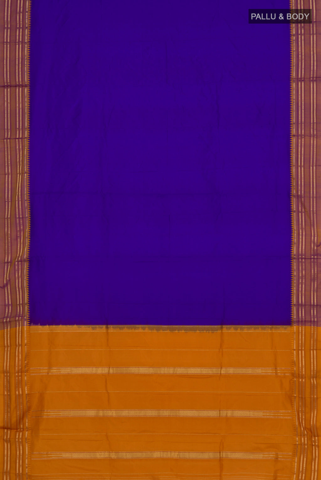 Flat view of Blue Narayanpet Silk Saree with Plain Body and Zari Border. 