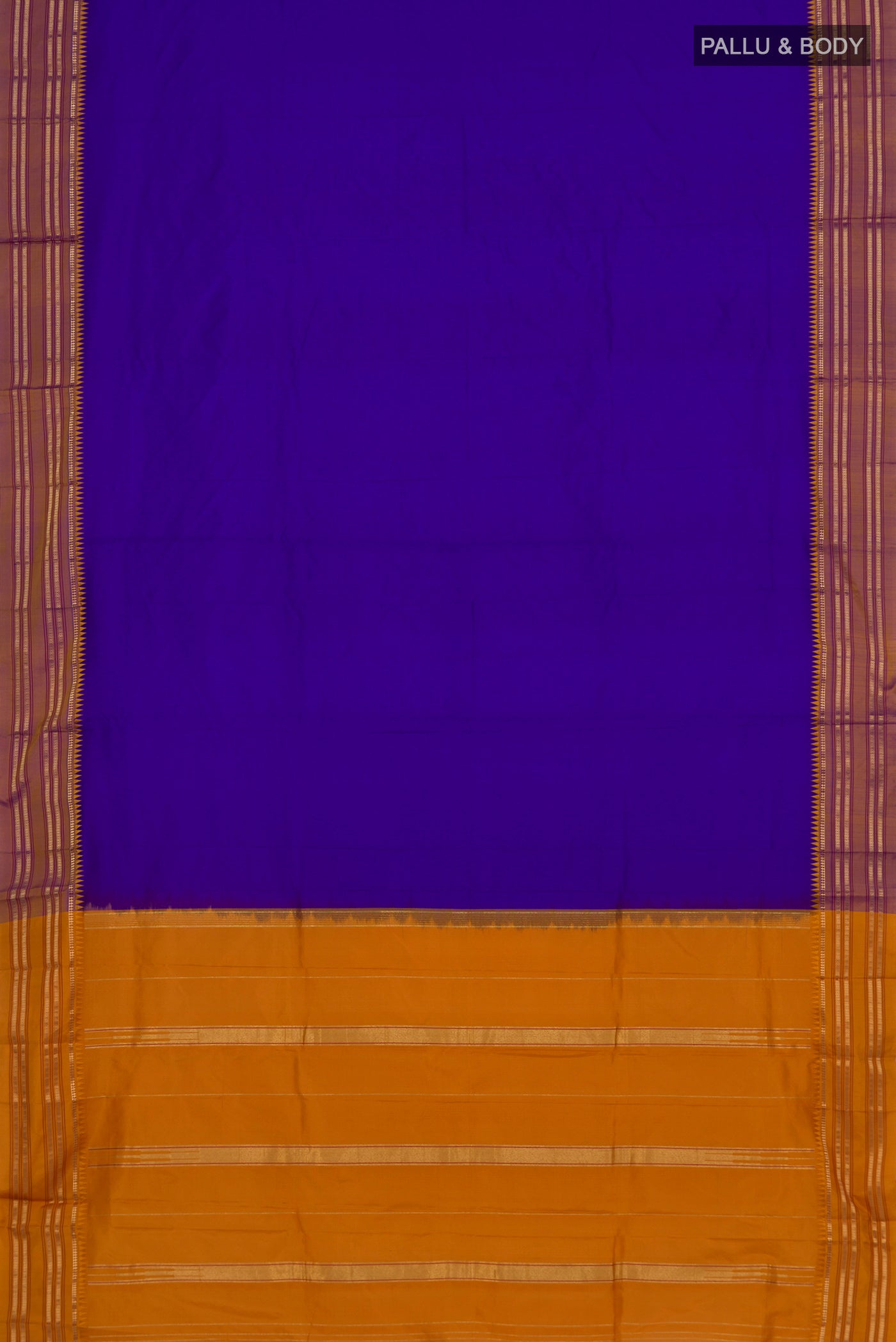Flat view of Blue Narayanpet Silk Saree with Plain Body and Zari Border. 