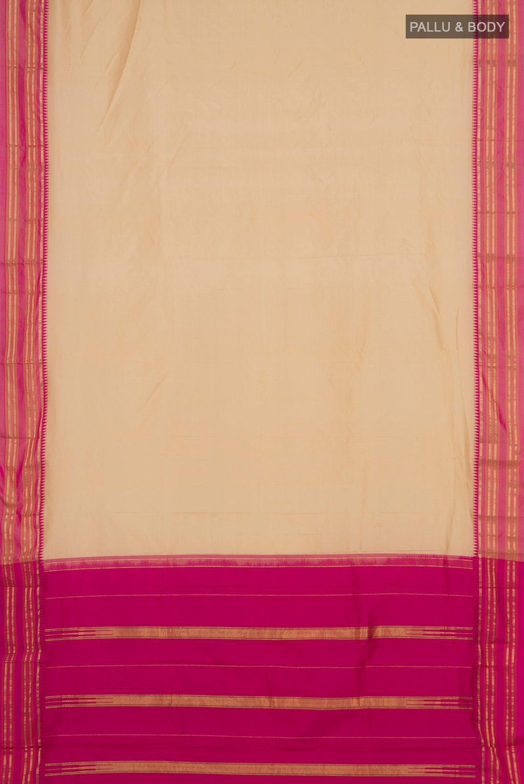Flat view of Cream Narayanpet Silk Saree with Plain Body and Zari Border. 