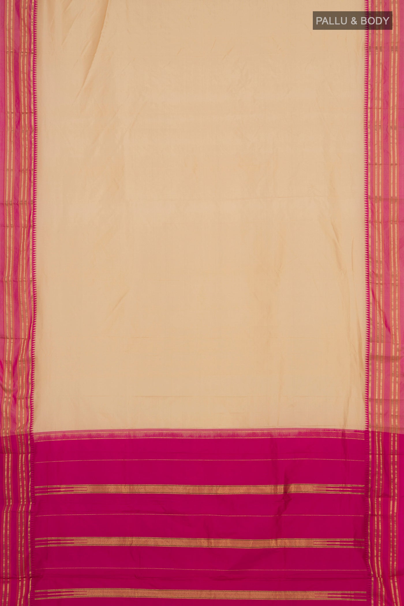Flat view of Cream Narayanpet Silk Saree with Plain Body and Zari Border. 