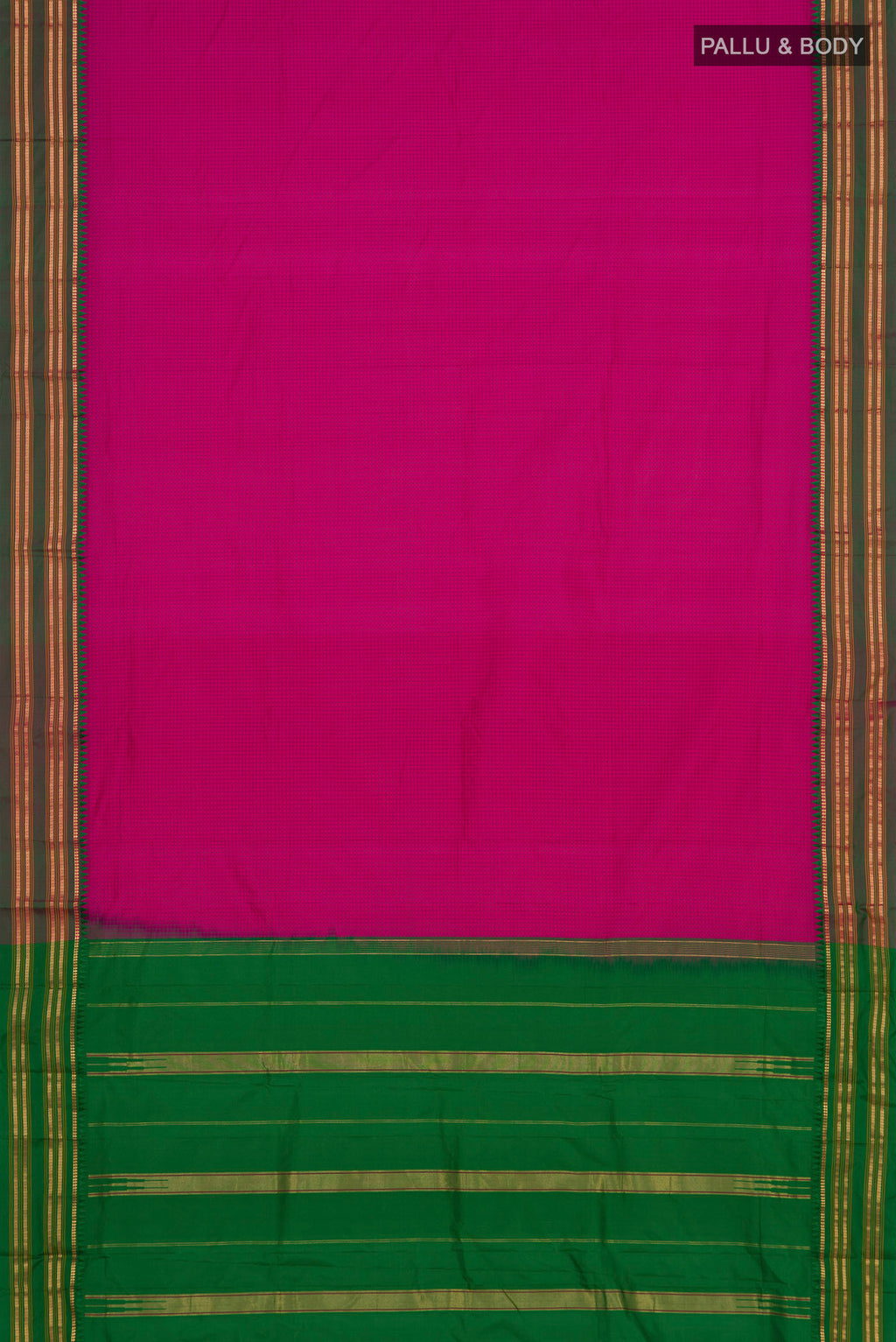 Flat view of Rani Pink Narayanpet Silk Saree with Checked design on the body and Zari Border. 
