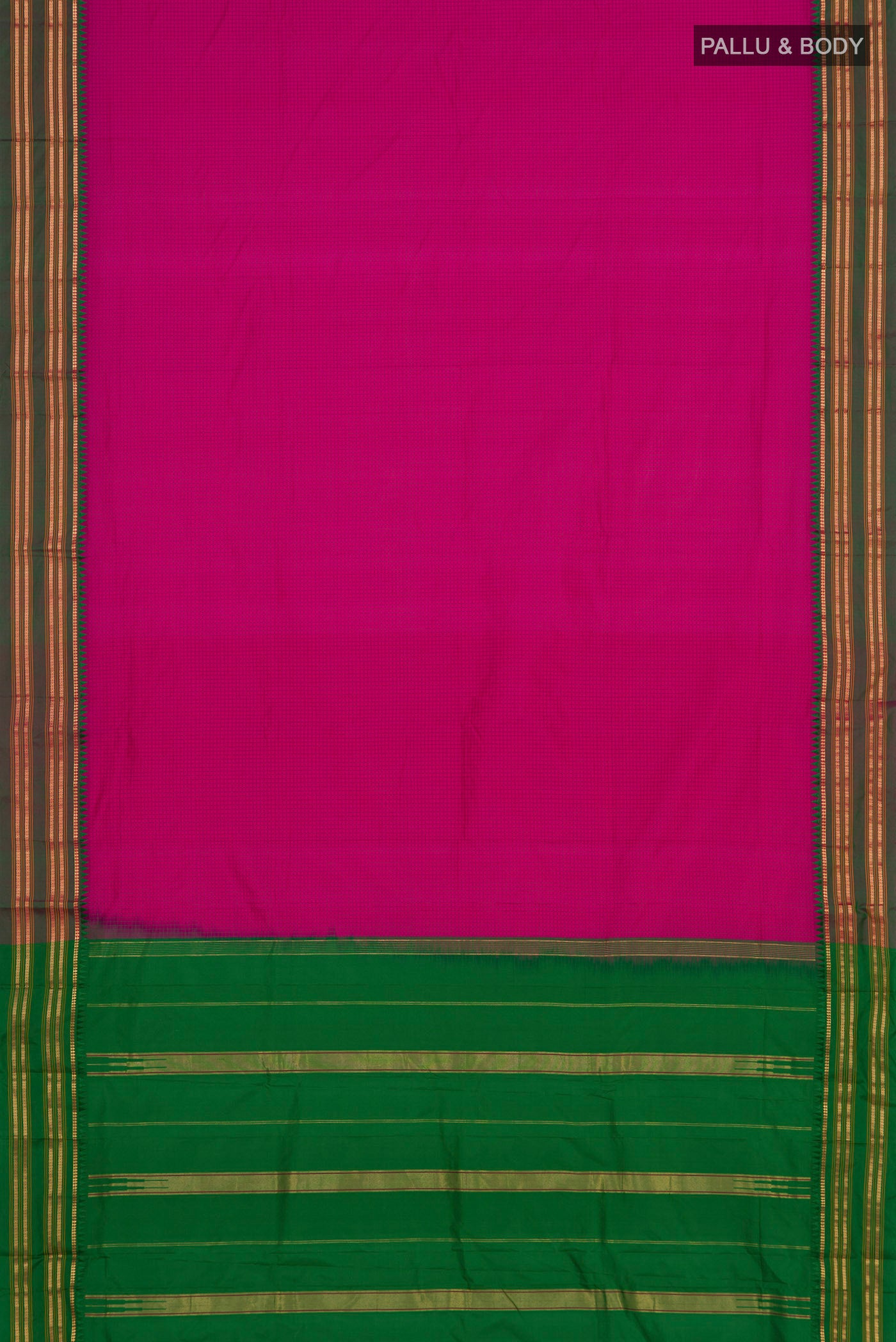 Flat view of Rani Pink Narayanpet Silk Saree with Checked design on the body and Zari Border. 