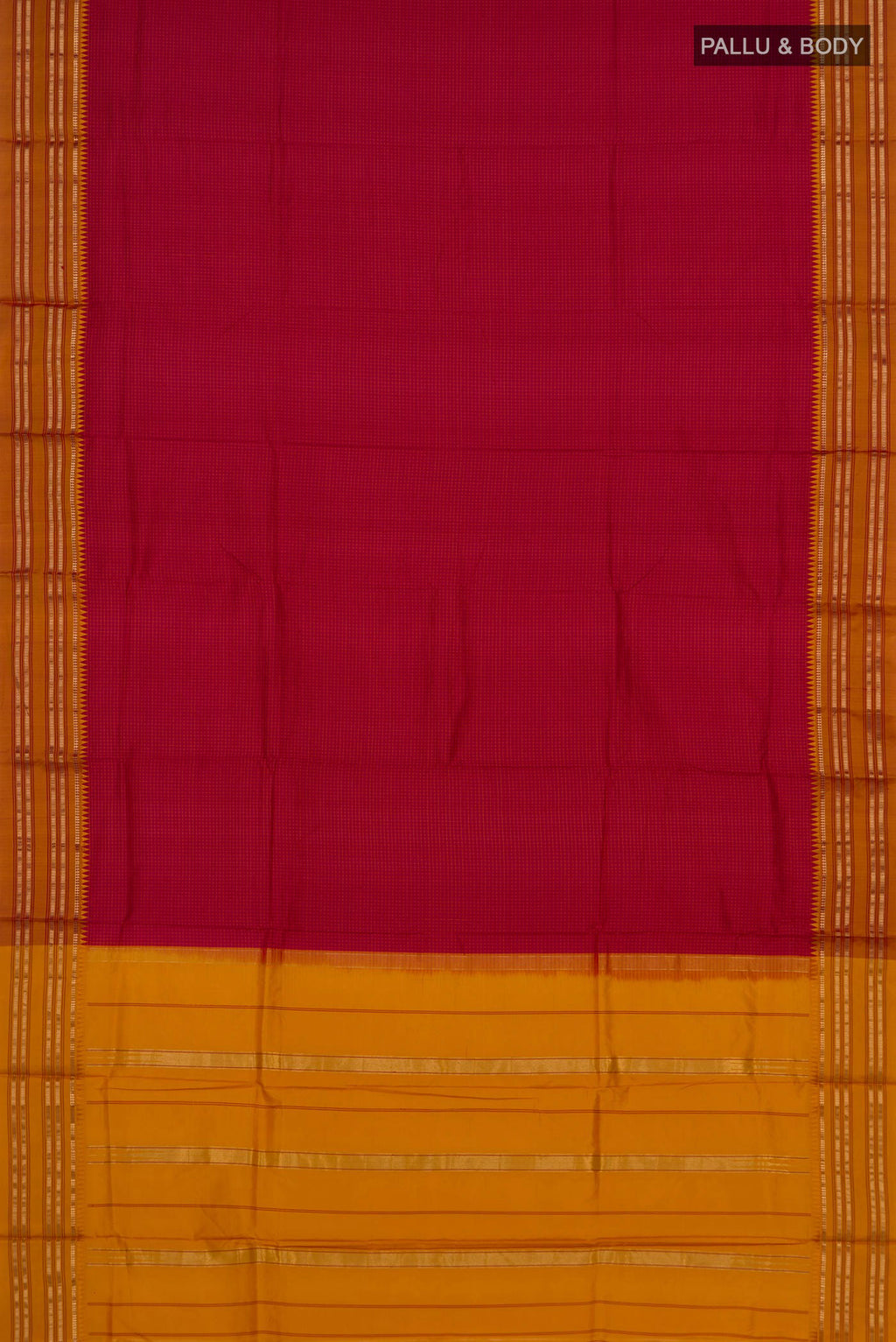 Flat view of Pure Silk Maroon Narayanpet Saree with Checked design on the body and Zari Border. 