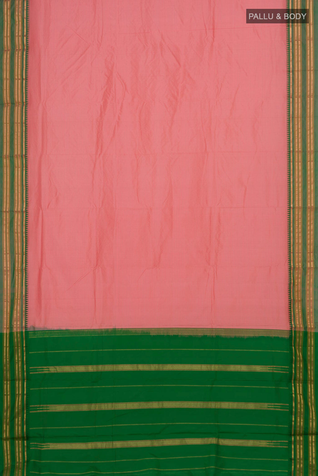 Flat view of Coral Narayanpet Silk Saree with Checked design on the body and Zari Border. 