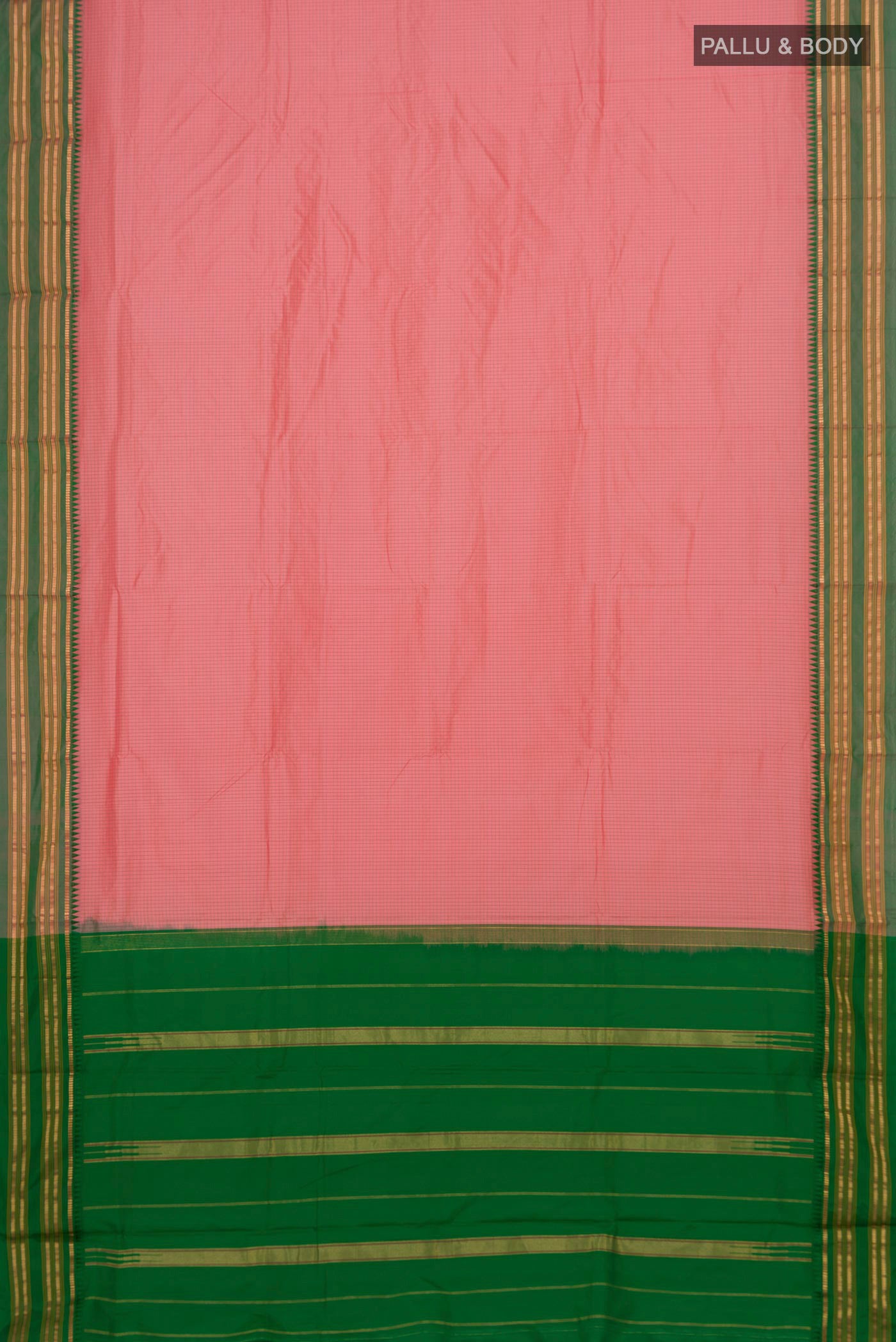 Flat view of Coral Narayanpet Silk Saree with Checked design on the body and Zari Border. 