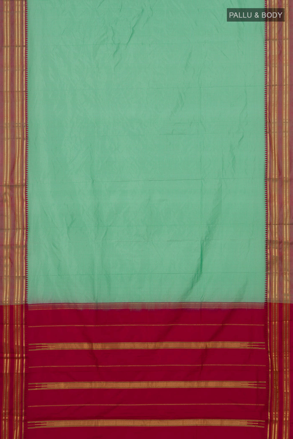 Flat view of Sea Green Narayanpet Silk Saree with Checked design on the body and Zari Border. 