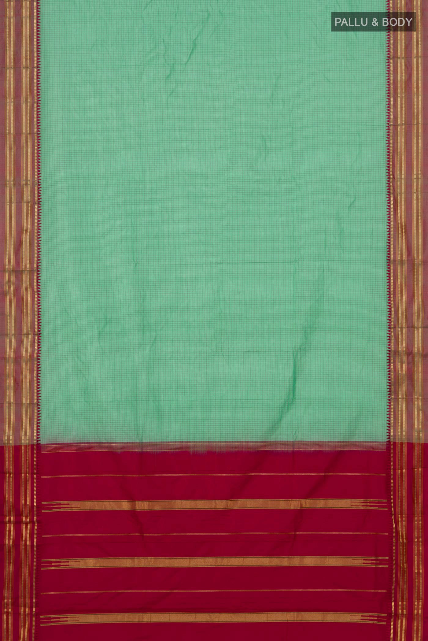 Flat view of Sea Green Narayanpet Silk Saree with Checked design on the body and Zari Border. 