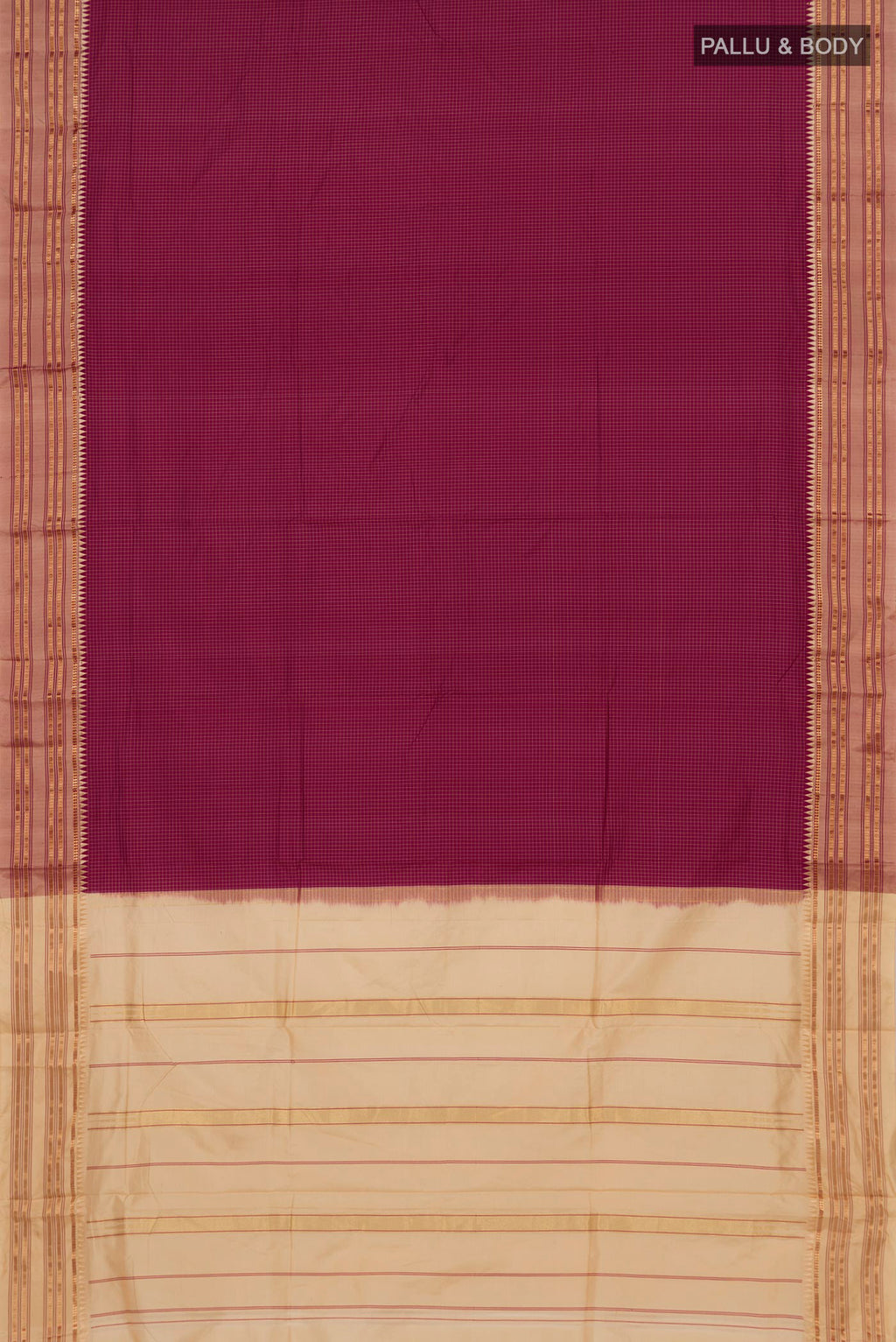 Flat view of Magenta Narayanpet Silk Saree with Checked design on the body and Thin Zari Line. 