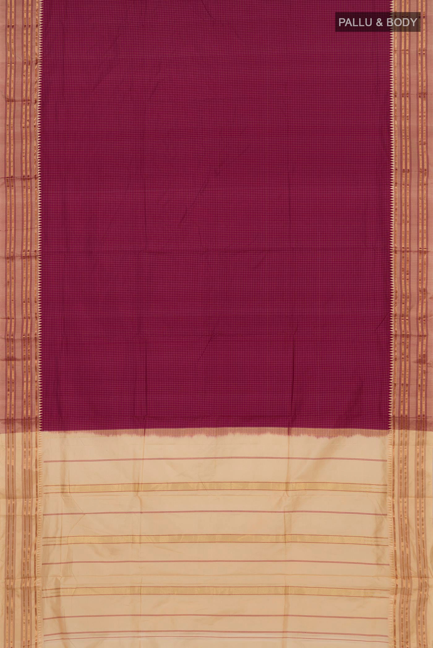 Flat view of Magenta Narayanpet Silk Saree with Checked design on the body and Thin Zari Line. 