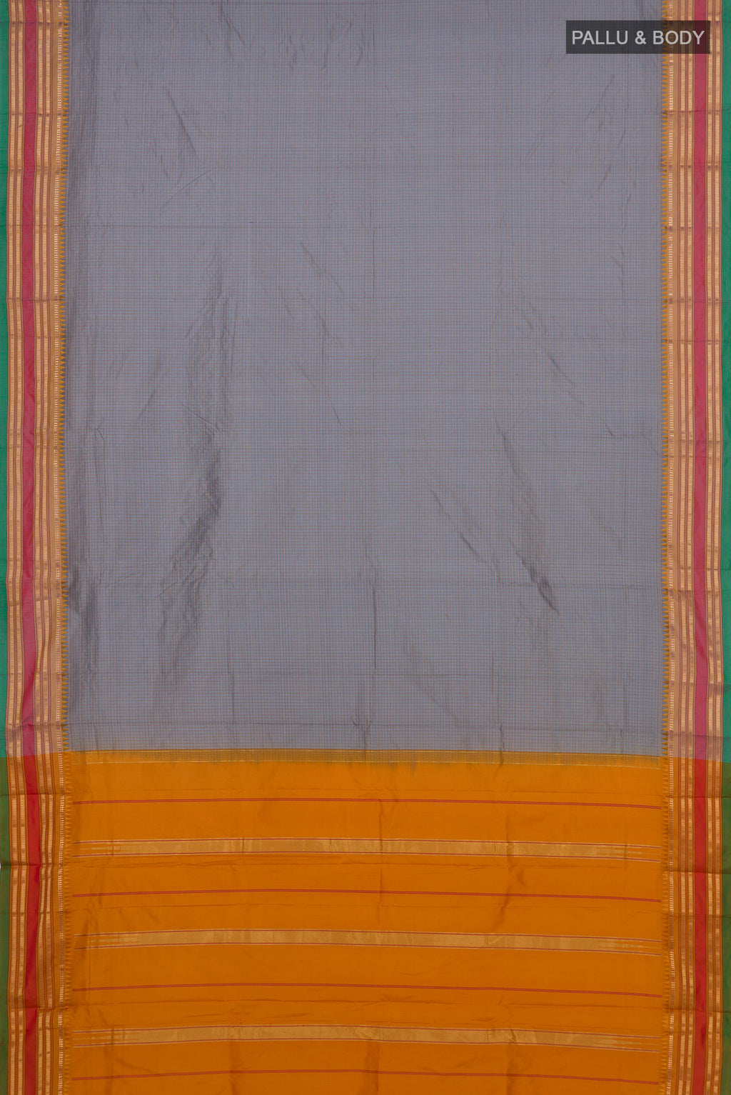 Flat view of Grey Narayanpet Silk Saree with Checked design on the body and Zari Border. 