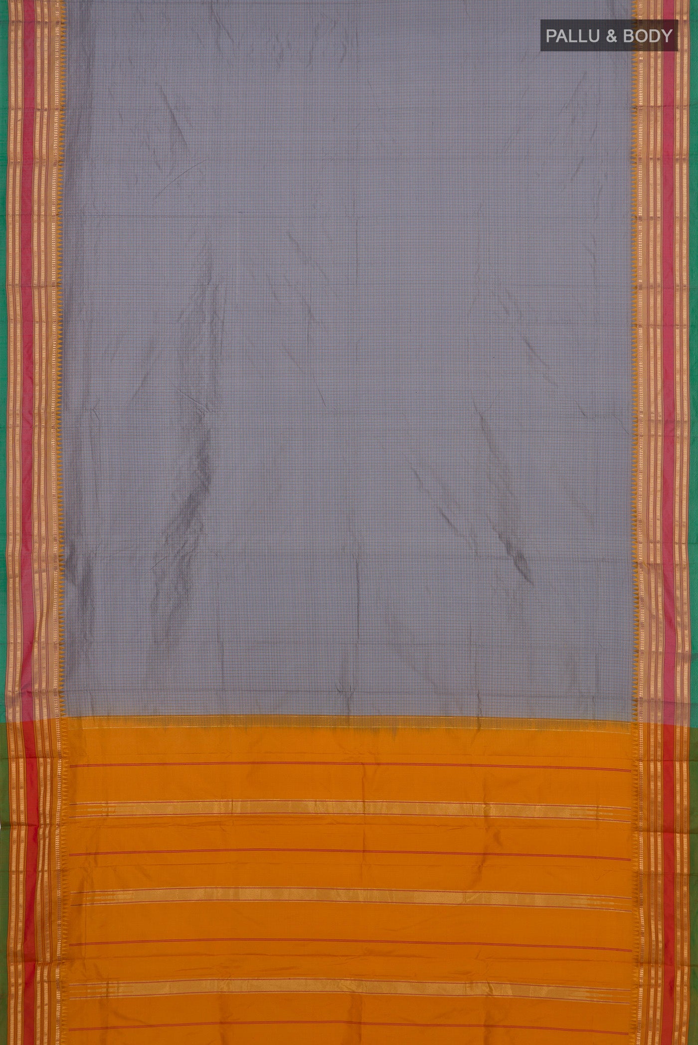 Flat view of Grey Narayanpet Silk Saree with Checked design on the body and Zari Border. 