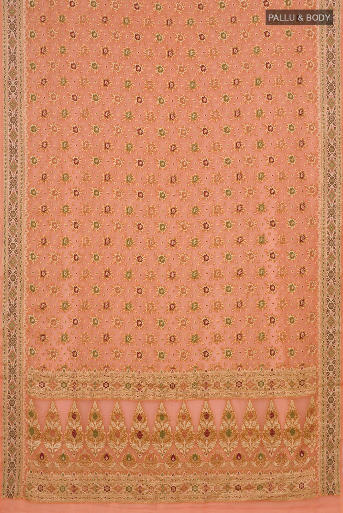 Flat view of Peach Banarasi Georgette Saree with Thread Brocade on the body and Zari Border. 