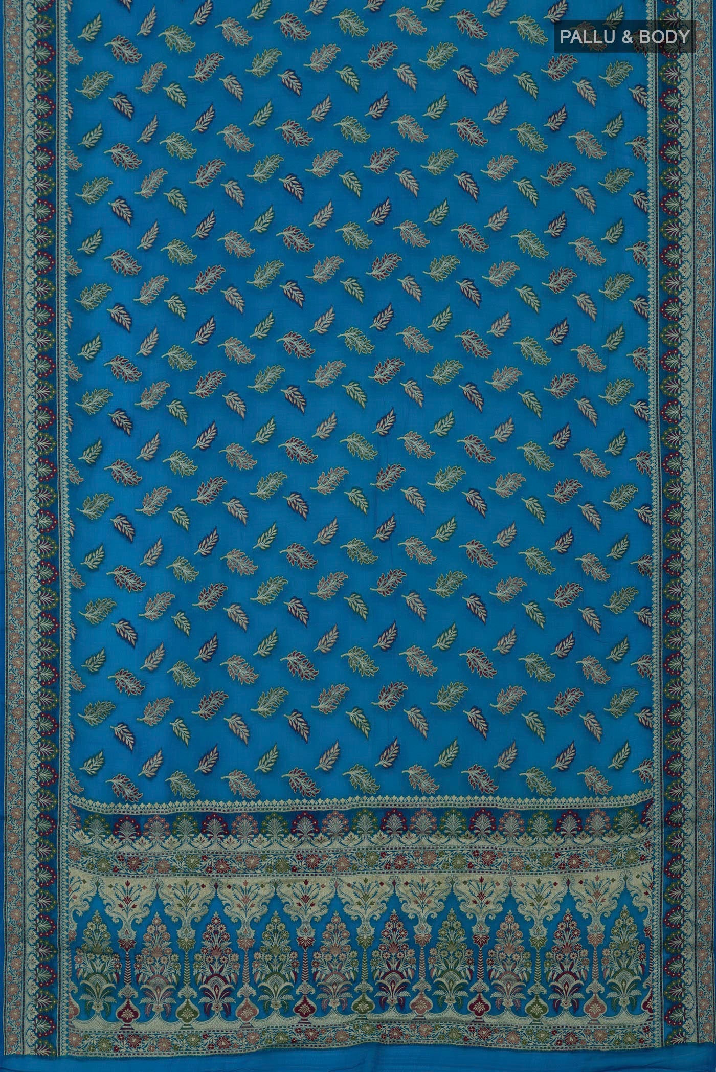 Flat view of Blue Banarasi Georgette Saree with Thread Butta on the body and Thread Embroidery Border. 