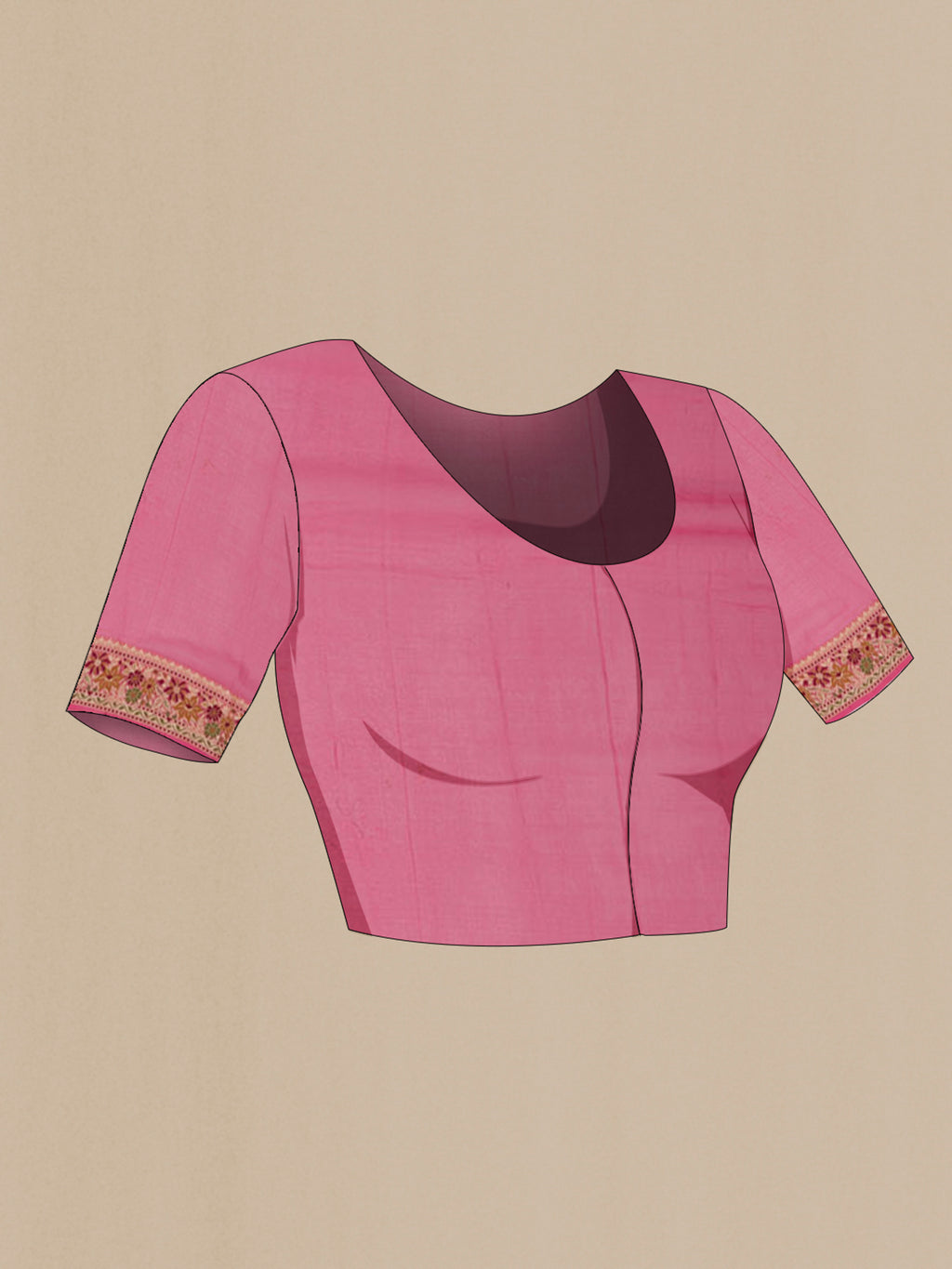 Close up image of the blouse of Pink Banarasi Georgette Saree with Thread Butta on the body and Zari And Thread Border. 