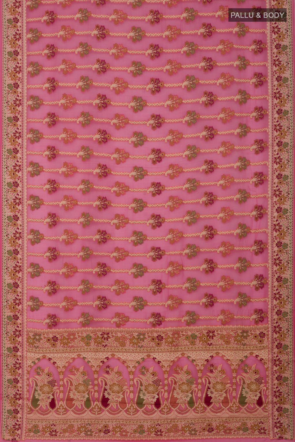 Flat view of Pink Banarasi Georgette Saree with Thread Butta on the body and Zari And Thread Border. 
