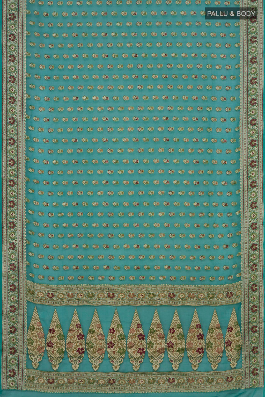 Flat view of Sea Green Banarasi Georgette Saree with Zari And Thread Butta on the body and Zari Border. 