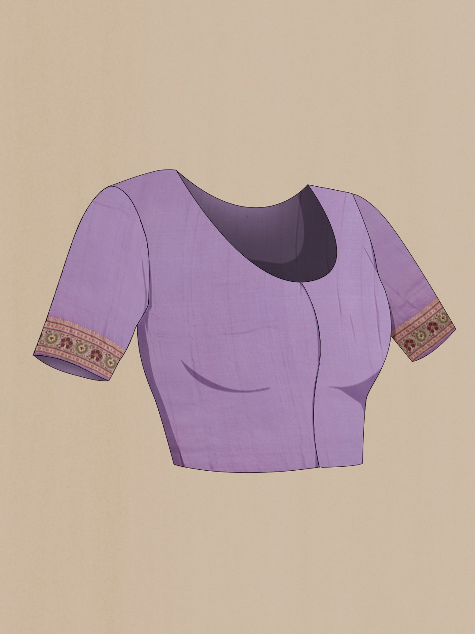 Close up image of the blouse of Lavender Banarasi Georgette Saree with Thread Butta on the body and Thread Border. 