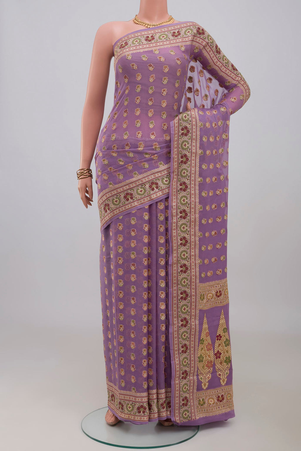 Lavender Banarasi Georgette Saree with Thread Butta on the body and Thread Border.  displayed on a mannequin