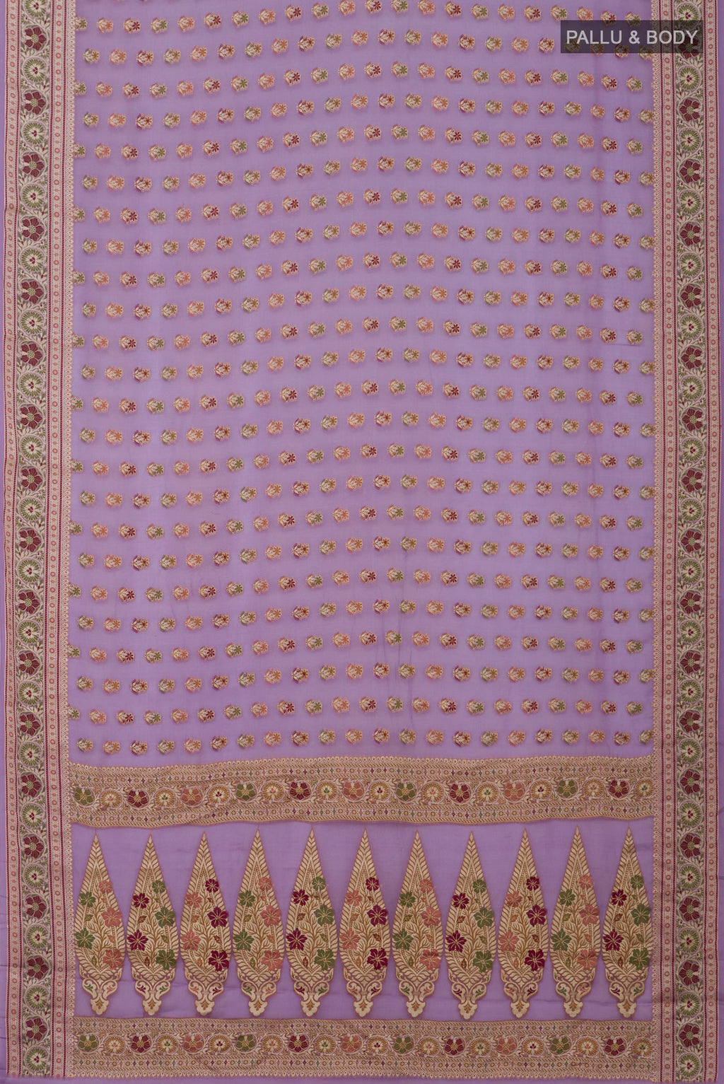 Flat view of Lavender Banarasi Georgette Saree with Thread Butta on the body and Thread Border. 