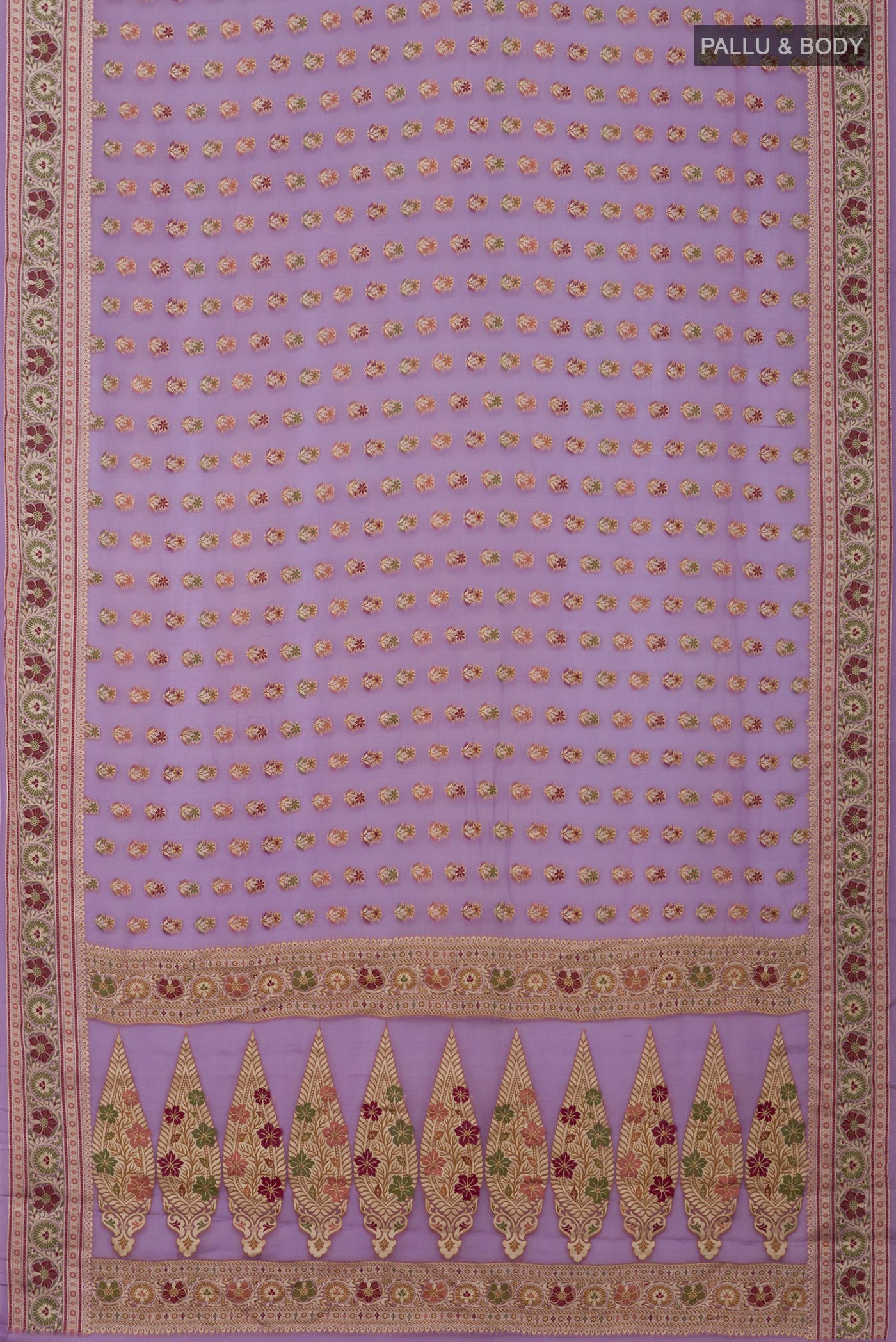 Flat view of Lavender Banarasi Georgette Saree with Thread Butta on the body and Thread Border. 
