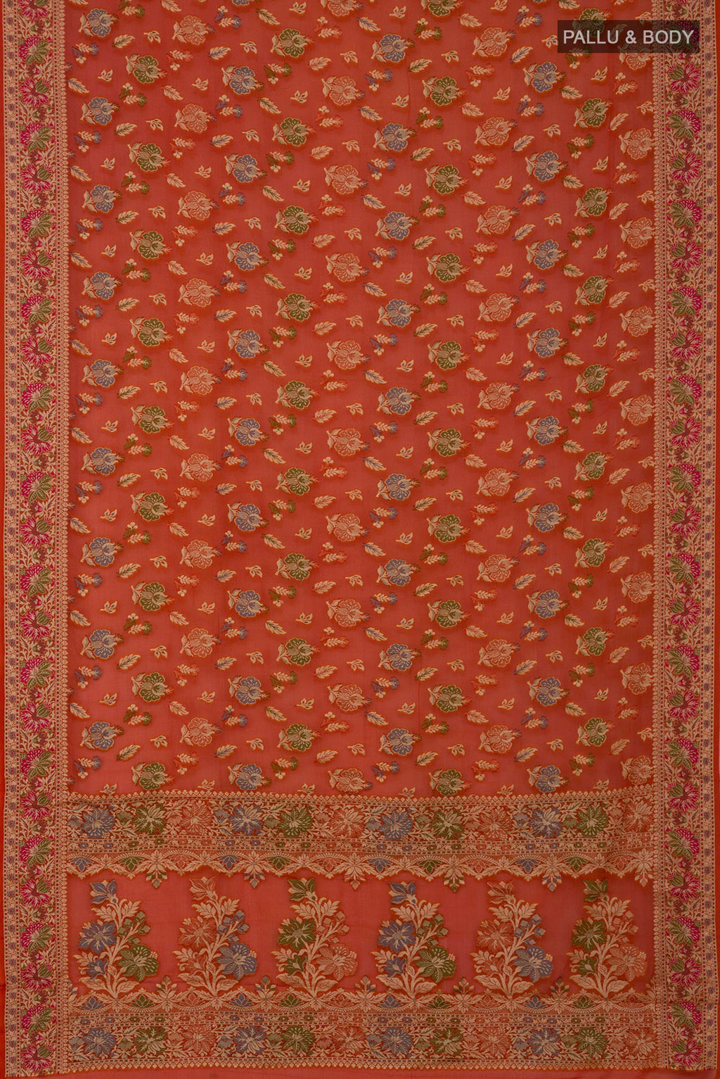 Flat view of Orange Banarasi Georgette Saree with Zari And Thread Butta on the body and Zari And Thread Border. 