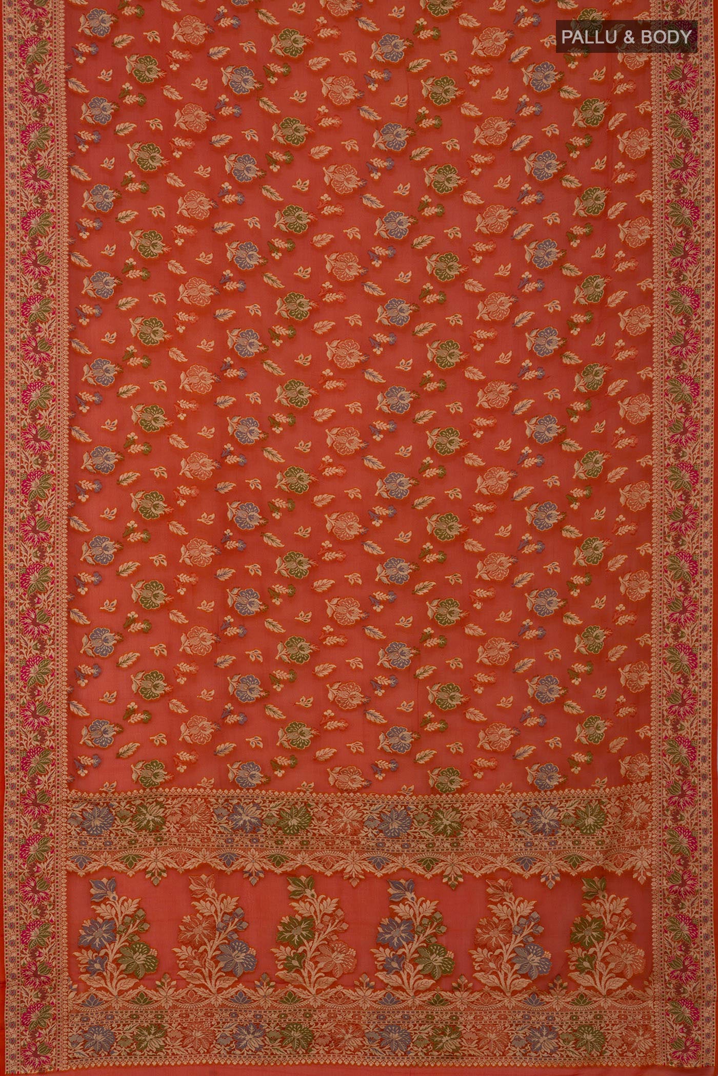 Flat view of Orange Banarasi Georgette Saree with Zari And Thread Butta on the body and Zari And Thread Border. 
