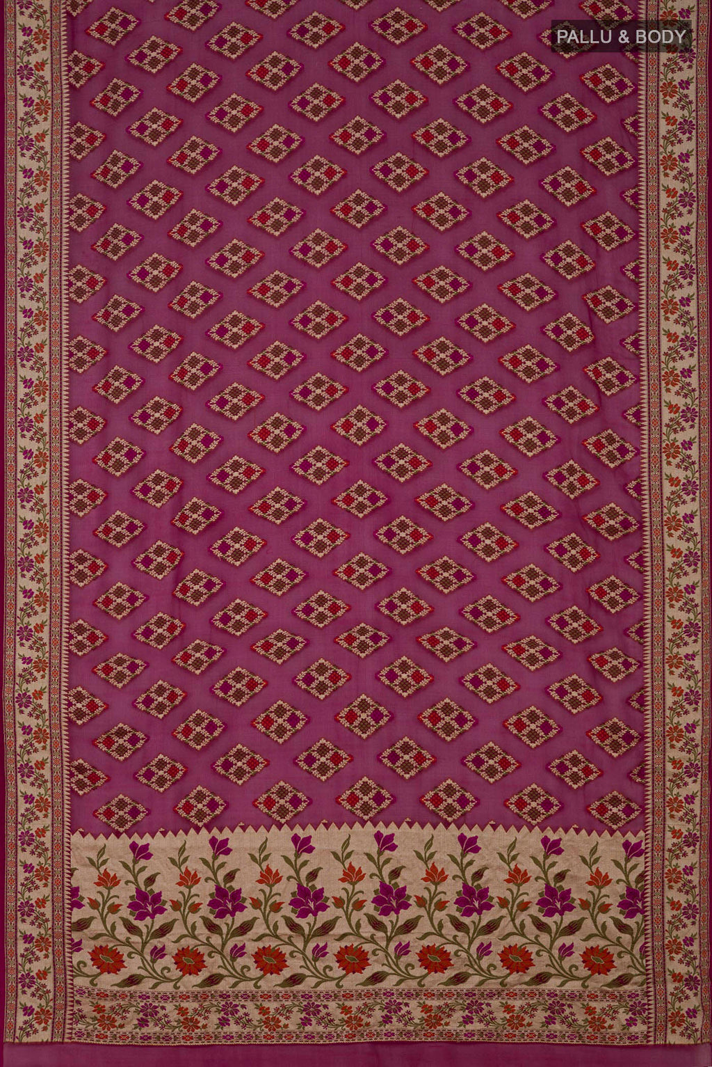 Flat view of Magenta Banarasi Georgette Saree with Thread Butta on the body and Thread Border. 