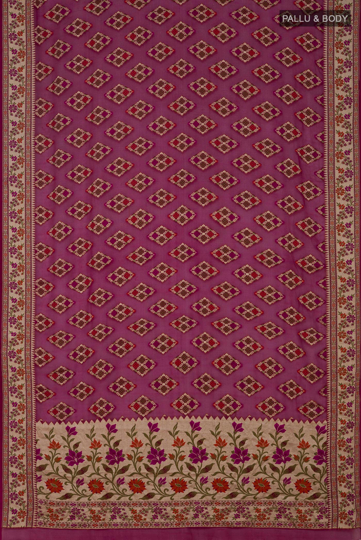 Flat view of Magenta Banarasi Georgette Saree with Thread Butta on the body and Thread Border. 