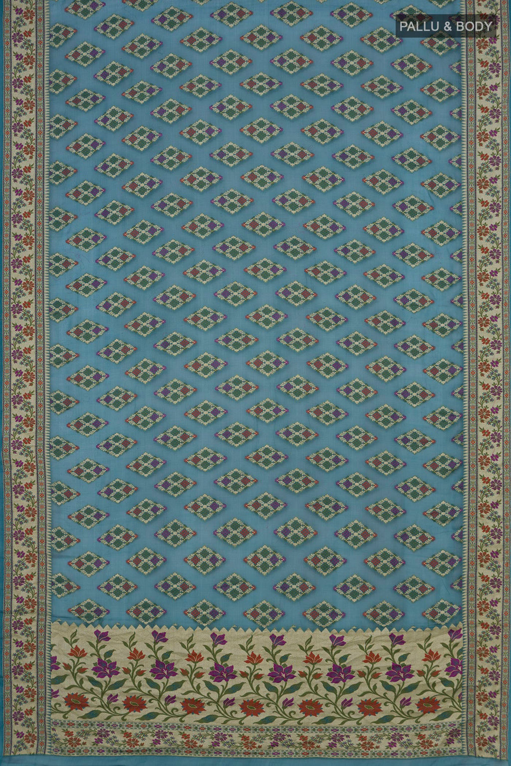 Flat view of Blue Grey Banarasi Georgette Saree with Thread Butta on the body and Thread Border. 