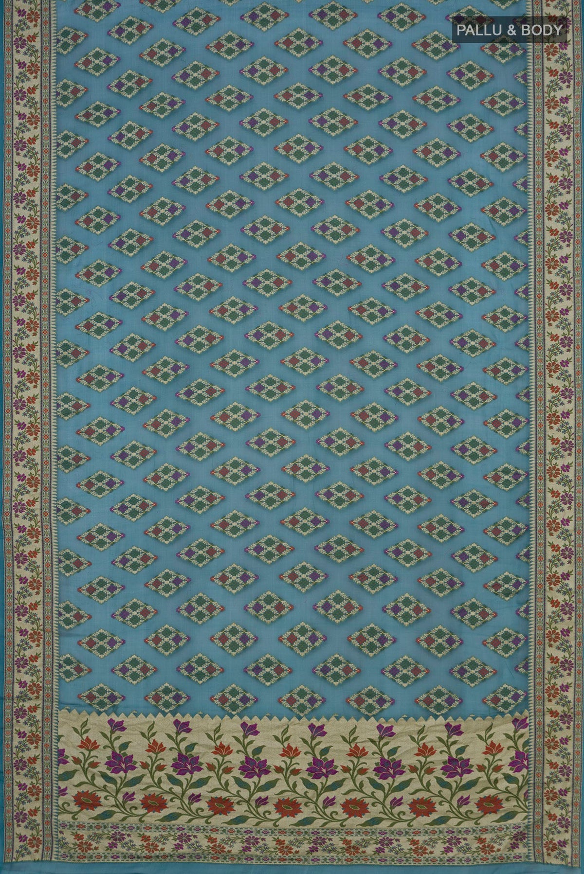 Flat view of Blue Grey Banarasi Georgette Saree with Thread Butta on the body and Thread Border. 