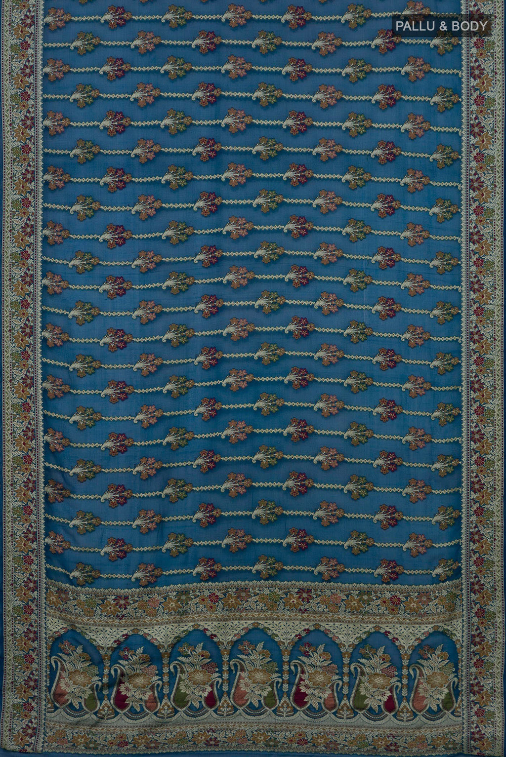 Flat view of Blue Banarasi Georgette Saree with Thread Butta on the body and Fancy Border. 